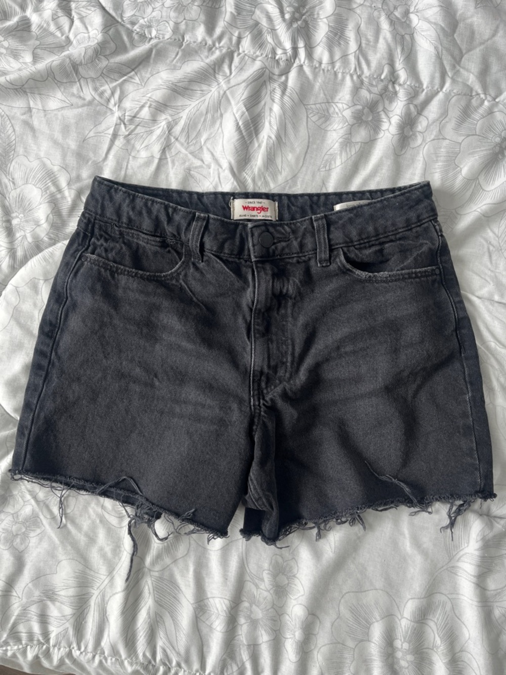 Wrangler Black Denim High Waisted Raw-Hem Loose Roll Jean Shorts